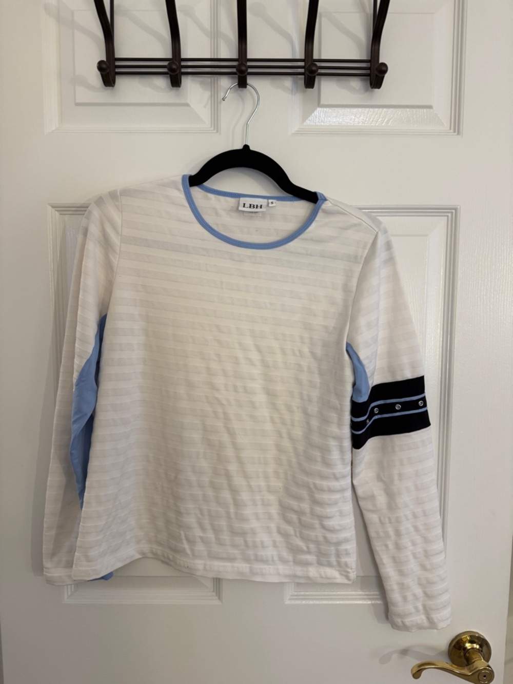 LBH White Long-Sleeve Stripe Tee with Light Blue Trim